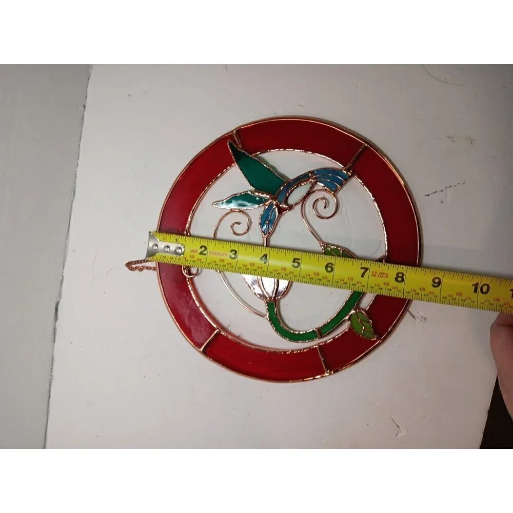 Stained Glass Small Hummingbird Red Circle Frame Window Panel